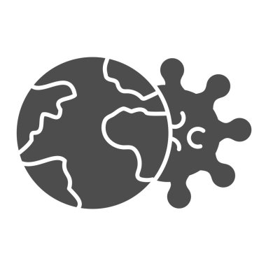 Dünya gezegeni ve koronavirüs katı simgesi. Küresel korona virüsü beyaz arka plana glyph tarzı resim yayıyor. Gezici konsept ve web tasarımı için dünya çapında salgın işareti. Vektör grafikleri.