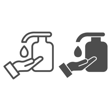 El ve sıvı sabun hattı ve katı bir ikon. Antibakteriyel jel sembolü kullanarak el temizleme, beyaz arka planda ana hatlı resim. Kişisel hijyen dezenfeksiyonu mobil konsept ve web tasarımı.