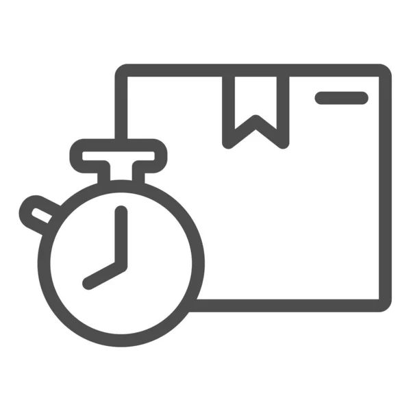 Caja de paquete con icono de línea de reloj, símbolo de entrega y embalaje, caja de cartón y signo de vector de reloj sobre fondo blanco, icono de servicio de entrega rápida en estilo de esquema. Gráficos vectoriales . — Archivo Imágenes Vectoriales