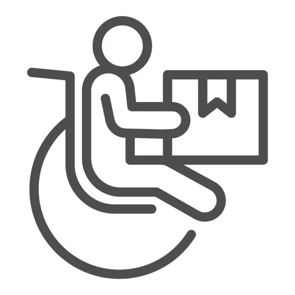 Funktionshindrad person med paketlåda linje ikon, leverans service symbol, mänsklig figur i rullstol med paketet vektor tecken på vit bakgrund, Handikappade kund ikon i kontur stil. — Stock vektor