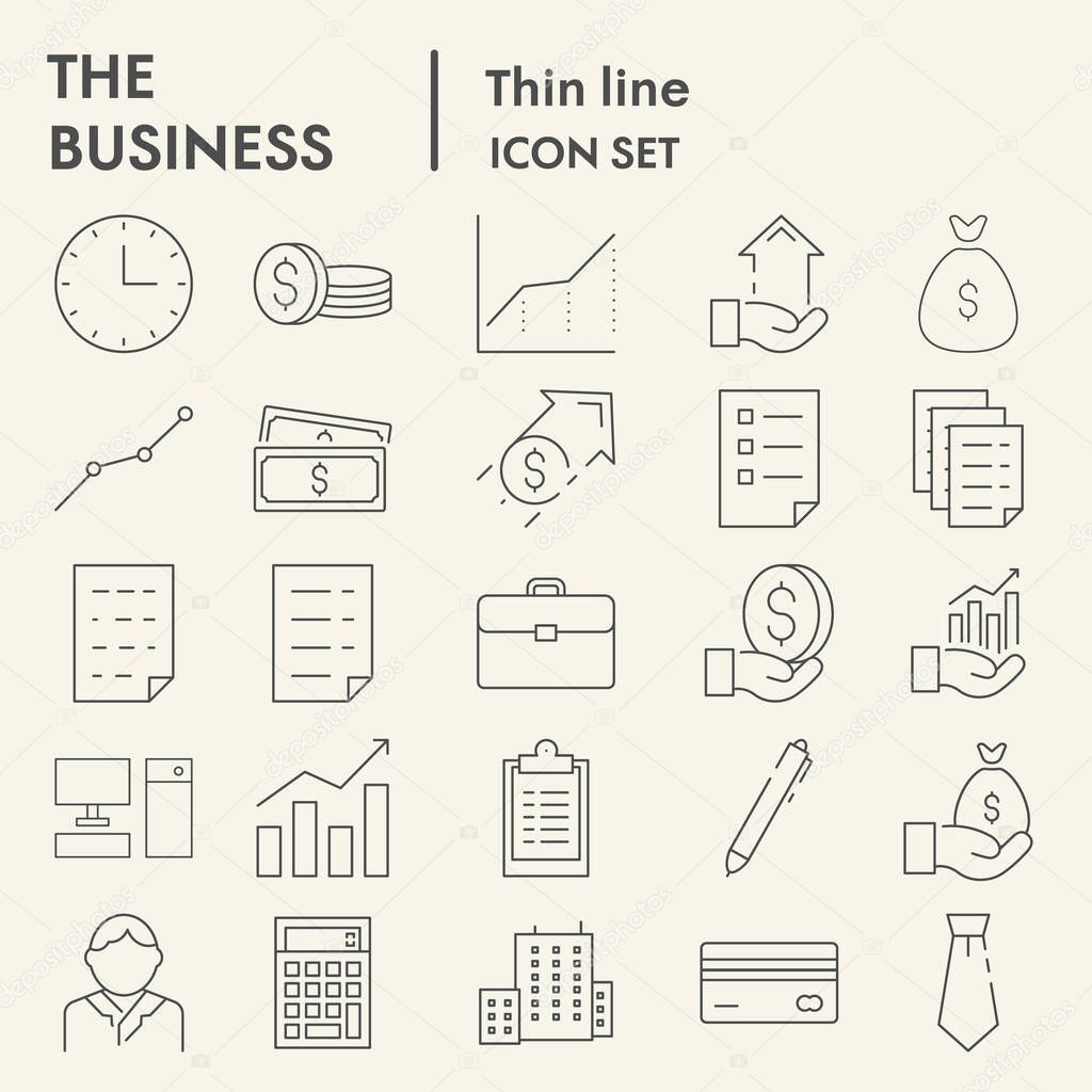 Business thin line icon set, office symbols collection, vector sketches, logo illustrations, managing signs linear pictograms package isolated on white background, eps 10.
