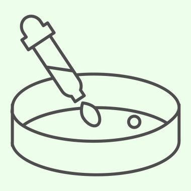 Bakteriyolojik deney ince çizgi simgesi. Beyaz arka planda pipet hatlı piktogram içeren petri kabı analizi. Mobil konsept ve web tasarımı için biyoloji ve kimya işaretleri. Vektör grafikleri.