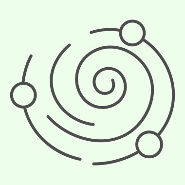 Galaksi ince çizgi simgesi. Gezegenleri ve uyduları olan güneş sistemi beyaz zemin üzerinde ana hatlı resim çizgisi. Gezici kavram ve web tasarımı için evren ve uzay işaretleri. Vektör grafikleri.