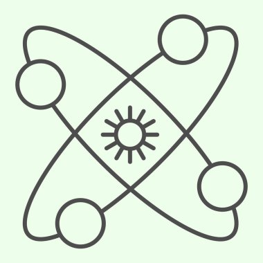 Güneş sistemi ince çizgi simgesi. Gezegenleri ve merkezde güneş sembolü olan evren beyaz arkaplanda resim çiziyor. Astroloji ve evren mobil konsept ve web tasarımı için işaretler. Vektör grafikleri.