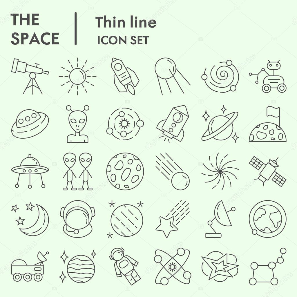 Space thin line icon set, universe symbols set collection or vector sketches. Cosmic signs set for computer web, the linear pictogram style package isolated on white background, eps 10.