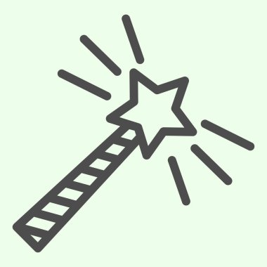 Sihirli değnek çizgisi simgesi. Yıldızlı sihirbaz çubuğu ve beyaz arkaplanda ana hatlı resim çizimi. Cadılar Bayramı veya Cadılık ve mobil konsept ve web tasarımı için sihirli işaretler. Vektör grafikleri.