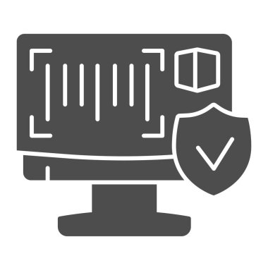 Monitör ve ürün barkod katı simgesi, lojistik ve dağıtım hizmeti sembolü, beyaz arkaplanda Scan QR Kod vektör işareti, bilgisayar qr kod paket tarayıcısı ve kalite amblem simgesi simgesi simgesi.