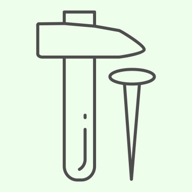 Çekiç ve çivi ince çizgi ikonu. Marangozluk ekipman tasarımı beyaz arka planda resim çizimi. Mobil konsept ve web tasarımı için ev onarım ve yenileme araçları tabelaları. Vektör grafikleri.