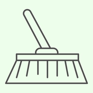 Süpürge ince çizgi simgesi. Ev temizleme fırçası ev aletleri beyaz arka planda resim çizimi. Ev işleri araçları mobil konsept ve web tasarımı için işaretler. Vektör grafikleri.