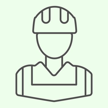 İşçi çizgisi simgesi. Ceketi ve kaskı olan inşaat işçisi beyaz arka planda resim çiziyor. Mobil konsept ve web tasarımı için ev onarımı ve yenileme tabelası. Vektör grafikleri.