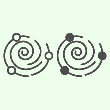 Galaksi çizgisi ve katı ikon. Gezegenleri ve uyduları olan güneş sistemi beyaz zemin üzerinde ana hatlı resim çizgisi. Gezici kavram ve web tasarımı için evren ve uzay işaretleri. Vektör grafikleri.