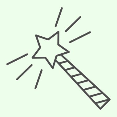 Sihirli değnek ve ince çizgi ikonu. Yıldızlı sihirbaz çubuğu ve beyaz arkaplanda ana hatlı resim çizimi. Cadılar Bayramı veya Cadılık ve mobil konsept ve web tasarımı için sihirli işaretler. Vektör grafikleri.