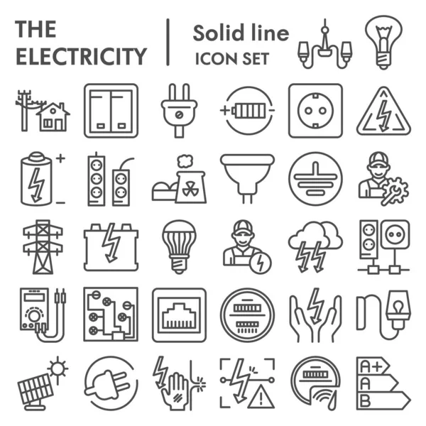 El linje ikon set, makt symboler insamling, vektor skisser, logotyp illustrationer, elektriker energiskyltar linjära piktogram paket isolerad på vit bakgrund, eps 10. — Stock vektor