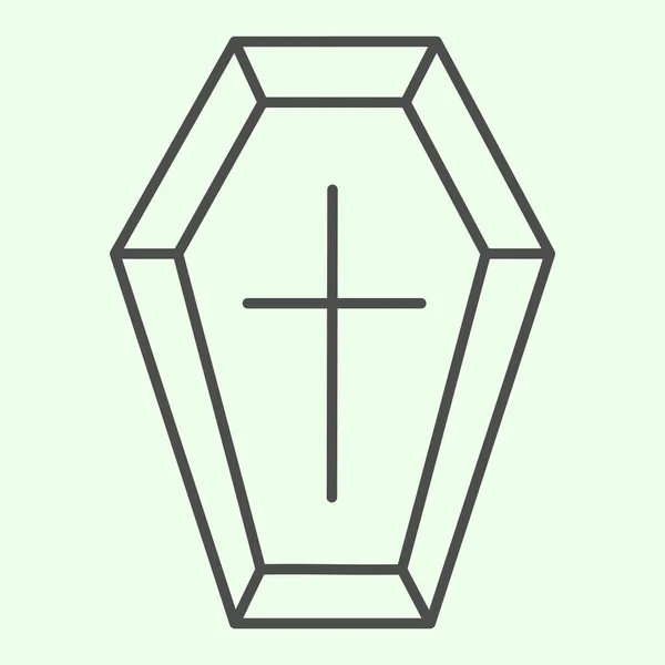 Coffin thin line icon. Funeral wooden casket with cross outline style pictogram on white background. Halloween death vampire burial coffin for mobile concept and web design. Vector graphics. — Stock Vector