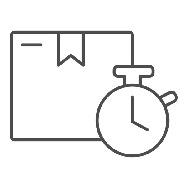 Boîte de colis avec icône de ligne mince horloge, symbole de livraison et d'emballage, boîte en carton et signe vectoriel montre sur fond blanc, icône de service de livraison rapide dans le style contour. Graphiques vectoriels . — Image vectorielle
