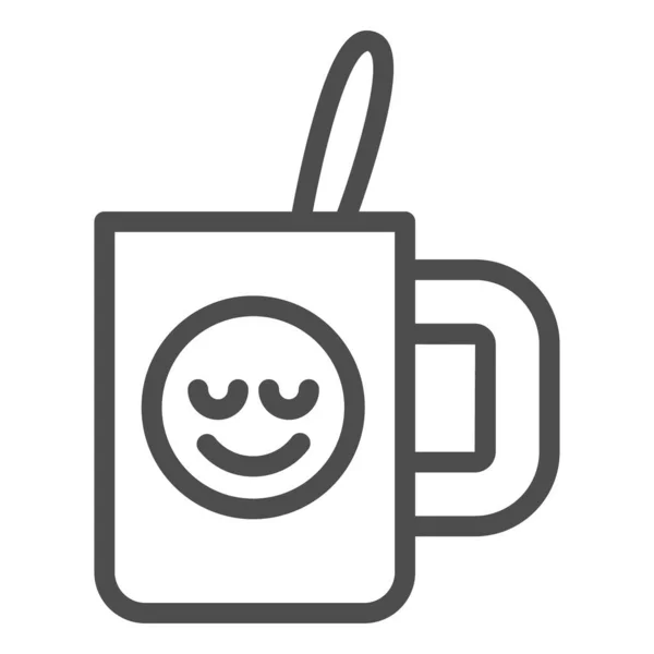 Taza con el icono de la línea cucharadita. Taza de recuerdo con ilustración vectorial sonriente aislada en blanco. Diseño de estilo de esquema de bebida, diseñado para la web y la aplicación. Eps 10 . — Vector de stock