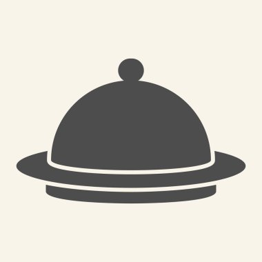 Katı ikonlu tabak. Otel restoranının yemek kapağı sembolü, bej arka planda glifli resim. Seyyar konsept ve web tasarımı için yemek tepsisi tabelası. Vektör grafikleri.