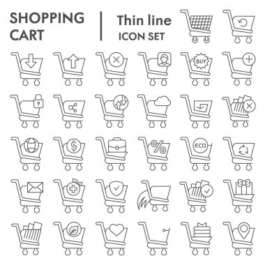 Alışveriş arabası ince çizgi simgesi seti, ticaret pazarı koleksiyonu, vektör çizimleri, logo illüstrasyonları, web sembolleri, beyaz arkaplanda izole edilmiş resim çizimleri, ep 10.