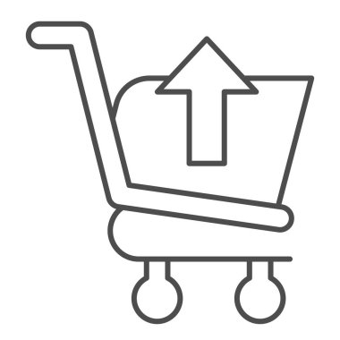 Alışveriş arabası ihracat çizgisi simgesi. Üzerinde ok işareti olan market arabası. Ticari vektör tasarımı konsepti, beyaz arka planda taslak biçim piktogramı, web ve uygulama için kullanım. Eps 10.