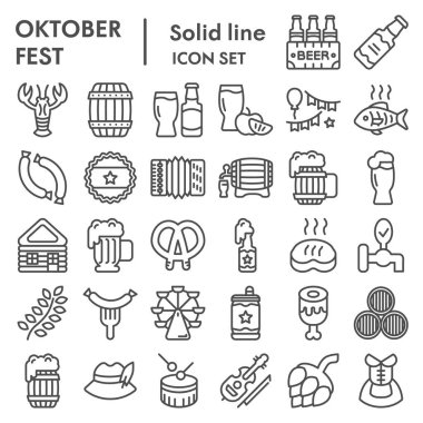 Ekim Festivali çizgi simgesi seti, bira festivali sembolleri koleksiyonu, vektör çizimleri, logo illüstrasyonları, Alman kutlama işaretleri beyaz arkaplanda izole edilmiş doğrusal piktogram paketleri, 10 ep.