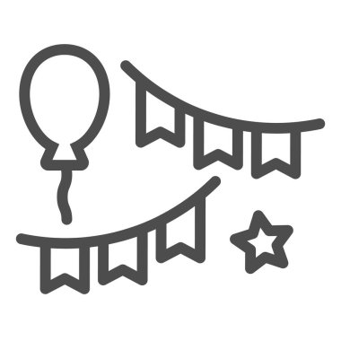 Balon ve parti bayrakları çizgisi ikonu. Beyaz üzerine izole edilmiş şenlikli dekor vektör çizimi. Doğum günü dekorasyon tasarımı tasarımı, web ve uygulama için tasarlandı. Eps 10.