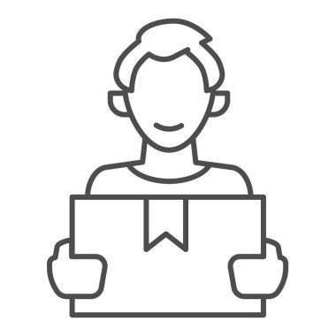 Kutu ince çizgi ikonu, teslimat lojistik servis sembolü, beyaz arkaplanda kurye vektör işareti, mobil konsept ve web için ana hatlı kutu simgesi taşıyan kurye adam. Vektör grafikleri.