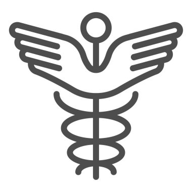Caduceus çizgi ikonu. Eczane sembolü temsili beyaza izole edilmiş. Tıbbi tabela tasarımı, web ve uygulama için tasarlandı. Eps 10.
