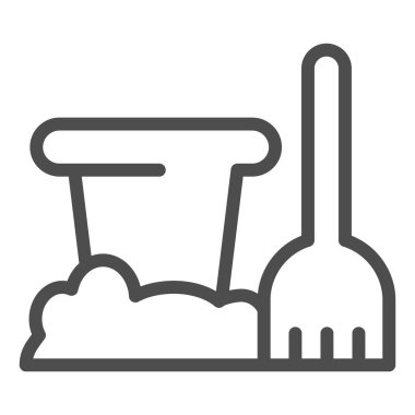 Oyuncak kovası ve kürek çizgisi simgesi. Plaj kovası çizimi beyaza izole edilmiş. Oyuncak kovası tasarımı, web ve uygulama için tasarlandı. Eps 10.