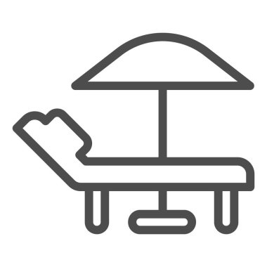 Salon ve şemsiye sırası ikonu. Sandalye ve plaj şemsiyesi çizimi beyaza izole edilmiş. Şemsiye desenli iskemle tasarımı, web ve uygulama için tasarlanmış. Eps 10.