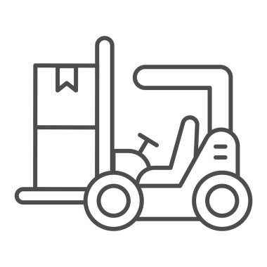 Forklift ince çizgi simgesi, dağıtım ve lojistik sembol, beyaz arka planda kaldırma kamyonu vektör işareti, mobil konsept ve web tasarımı için ana hatlı kutu yükleyici simgesi. Vektör grafikleri.