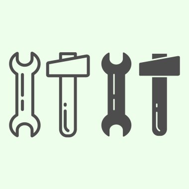 Çekiç, ingiliz anahtarı ve sağlam bir simge. Beyaz arka planda iki inşaat aracı anahtarı ve Knocker taslak resim çizimi. Mobil konsept ve web tasarımı için ev onarım aracı işaretleri. Vektör grafikleri.