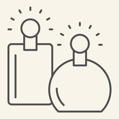 Parfümler ince çizgi ikonu. İki parfüm şişesi sembolü, bej arka planda ana hatlı resim. Mobil konsept ve web tasarımı için parfüm tabelası. Vektör grafikleri.