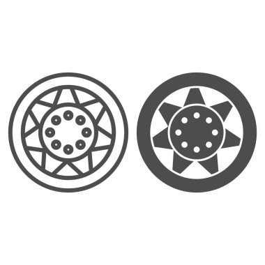 Araba tekerleği çizgisi ve sembol. Otomobil lastiği çizimi beyaza izole edildi. Araba parçası tasarımı, web ve uygulama için tasarlanmış. Eps 10.