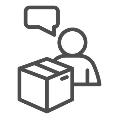 Kutu satırı simgesine sahip konuşma balonu olan adam, lojistik dağıtım sembolü, beyaz arkaplan üzerinde istemci geribildirim vektör işareti, paket ve sohbet baloncuğu taslak taslak biçimi olan kişi. Vektör.