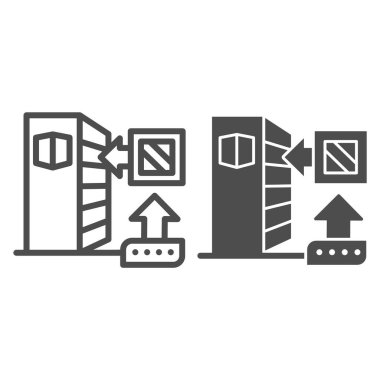 Mal ve kutu hattı rafı ve katı ikon, teslimat ambalaj lojistik sembolü, kutucuk yönlü ok vektör işaretli depo rafları, depolama ekipmanı ikonu. Vektör grafikleri.