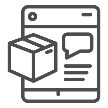 Sohbet mesajı ve karton paket satırı simgesine sahip tablet, çevrimiçi alışveriş sembolü, beyaz arkaplan üzerinde kutu vektör işareti olan akıllı telefon veya sekme, çevrimiçi istemci geribildirim simgesi. Vektör.