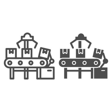 Otomatik taşıma aracı ve kutu hattı ve katı ikon, teslimat lojistik sembolü, beyaz zemin üzerinde parseller vektör işareti olan otomatik taşıma bandı, otomatik karton ambalaj ikonu taslağı. Vektör.