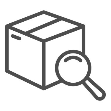 Büyüteç çizgisi simgesi, dağıtım ve lojistik sembolü olan kutu, beyaz arkaplanda paket takip vektör işareti, ana hatlarıyla büyüteç simgesinin altında mukavva. Vektör grafikleri.