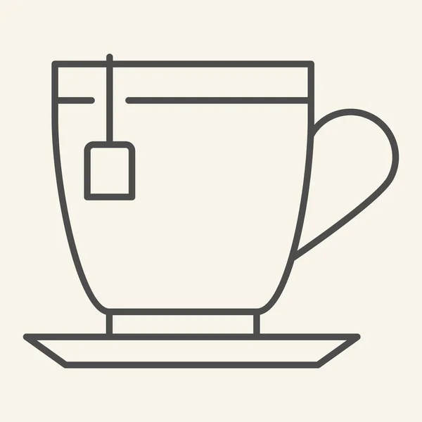 Icono de línea fina de té. Taza de té con símbolo de la bolsita de té, pictograma de estilo de contorno sobre fondo beige. Bebida caliente en el signo de la taza para el concepto móvil y el diseño web. Gráficos vectoriales . — Vector de stock