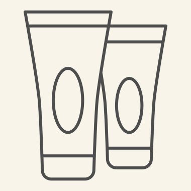 Krem tüpü ince çizgi simgesi. İki kozmetik krem tüpü sembolü, bej arka planda ana hatlı resim. Mobil konsept ve web tasarımı için otel kozmetik sözleşmesi. Vektör grafikleri.