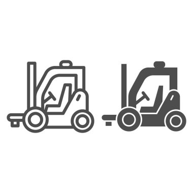 Forklift hattı ve katı ikon, dağıtım ve lojistik sembol, beyaz arka planda kargo taşıyıcı işareti, mobil konsept ve web tasarımı için ana hatlı kamyon simgesi. Vektör grafikleri.