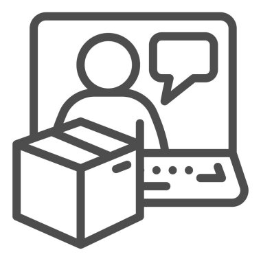 Karton kutulu dizüstü bilgisayar ve insan satırı simgesi, lojistik ve dağıtım sembolü, beyaz arkaplanda internet servis vektör işareti, dizüstü bilgisayar ekranında paket iletim diyaloğu. Vektör.