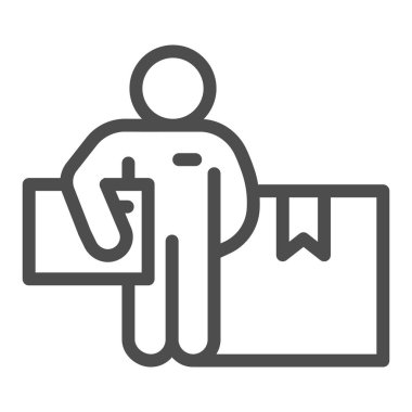 Paket çizgisi ikonu, lojistik ve teslimat sembolü olan teslimatçı beyaz arka planda kurye elinde mektup ve kutu vektör işareti olan paket simgesi tasimasi tasiyan kisi. Vektör grafikleri.
