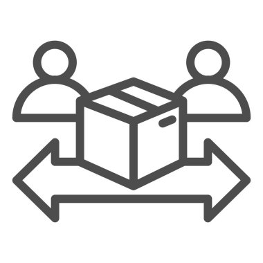 Karton kutuda iki adam ve ok çizgisi simgesi, lojistik ve dağıtım sembolü beyaz arkaplan üzerinde vektör işareti olan dağıtım paketi, hızlı reddetme ve simge ana hatlarını iade etme. Vektör.