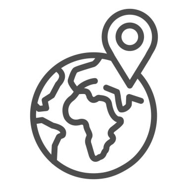 Dünya gezegeninin işaret çizgisi ikonu, teslimat ve lojistik sembolü, Dünya gezegeninin beyaz arka planındaki teslimat yeri, dünya çapında dağıtım ikonu ana hatları. Vektör grafikleri.