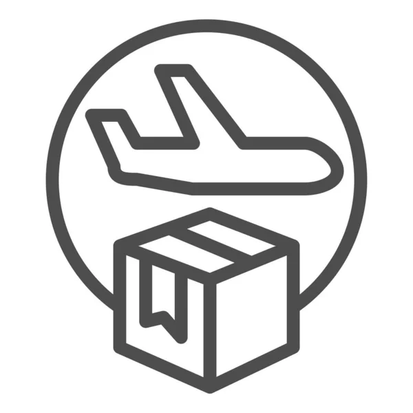 Flygpost och kartong paket linje ikon, leverans och logistik symbol, lufttrafikföretag med paket vektor tecken på vit bakgrund, leverans fraktplan med box ikon kontur. Vektor. — Stock vektor
