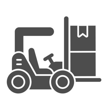 Forklift katı simgesi, teslimat ve lojistik sembol, beyaz arka planda kaldırma kamyonu vektör işareti, mobil konsept ve web tasarımı için bohça yükleyici simgesi. Vektör grafikleri.