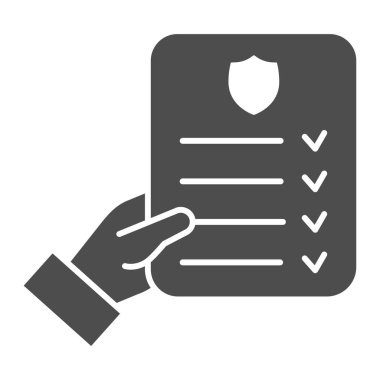 El ele tutuşma listesindeki katı simge, teslimat ve lojistik sembol, kurye raporundaki beyaz arkaplan vektör işareti, el simgesi biçiminde güvenlik listesi. Vektör grafikleri.