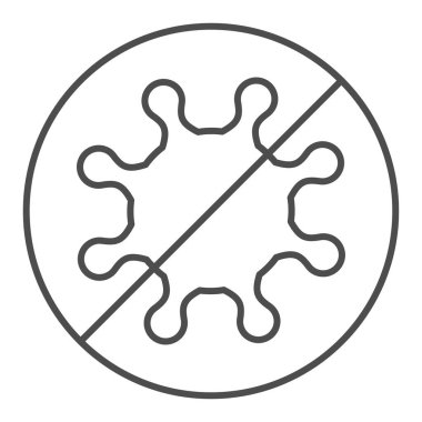 Yasak virüs ince çizgi ikonu. Bakterileri ve enfeksiyon sembolünü durdurun, beyaz arkaplanda resim çizimi yapın. Mobil konsept ve web tasarımı için dikkatli koronavirüs işareti. Vektör grafikleri.