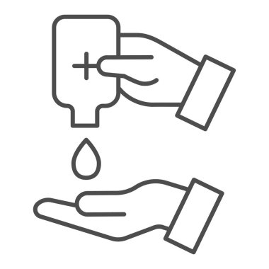 El dezenfeksiyonu ince çizgi ikonu. Antibakteriyel jel sembolü ile sterilize et, beyaz arka planda ana hatlı resim. El dezenfektanı, taşınabilir konsept ve web tasarımı için işaret yayıyor..